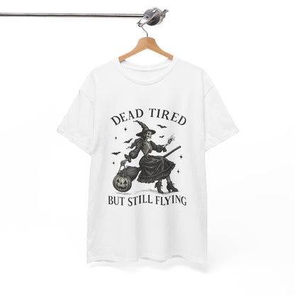 Dead Tired But Flying Skeleton Witch Halloween Tee