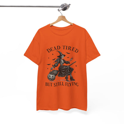 Dead Tired But Flying Skeleton Witch Halloween Tee