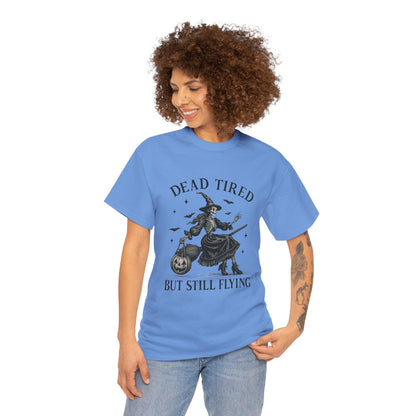 Dead Tired But Flying Skeleton Witch Halloween Tee