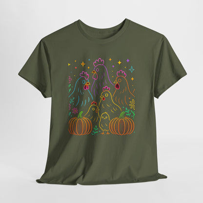 🌻 Autumn Chickens & Pumpkins Tee – Colorful Farm Harvest Shirt