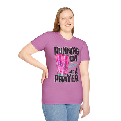 Running on a Prayer T-Shirt, Unisex Graphic Tee, Fun Casual Wear, Gift for Friends, Everyday Style, Faith-Inspired Apparel
