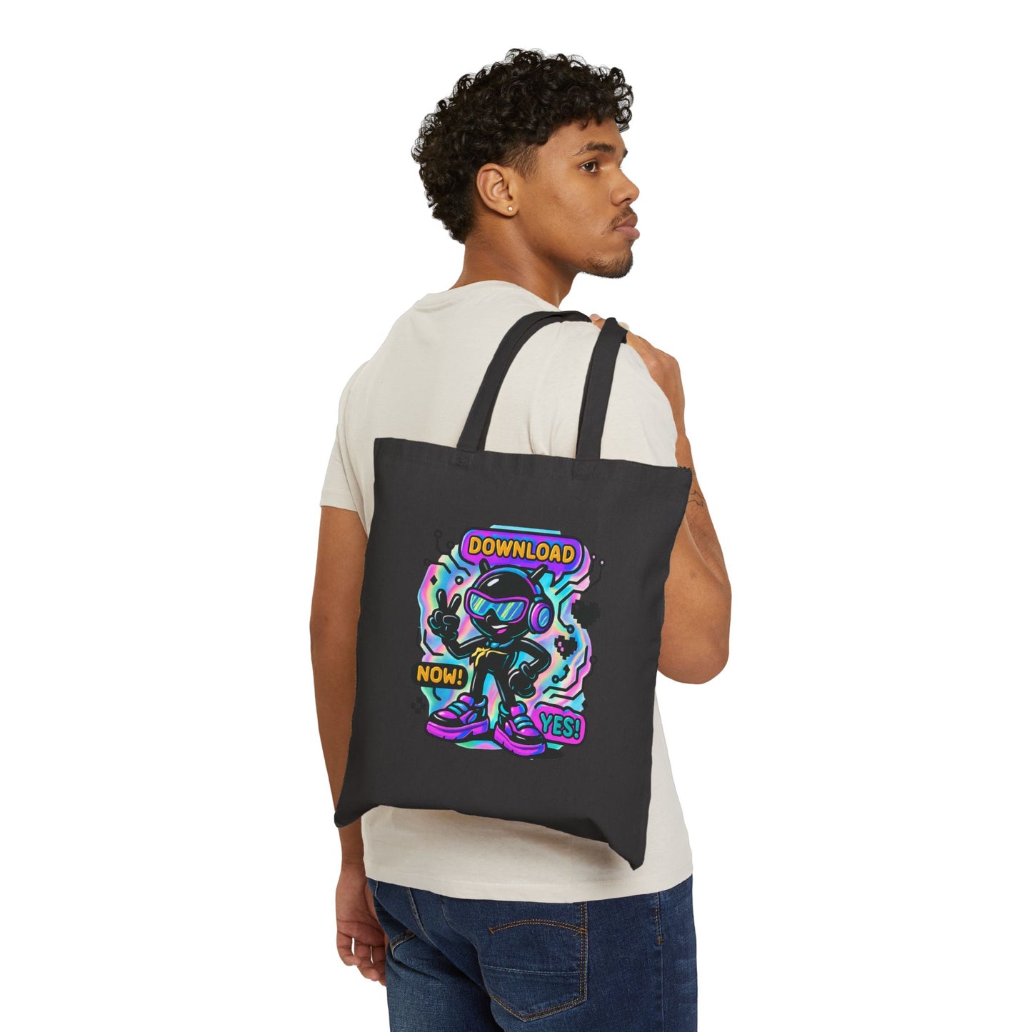 Retro Cyber Mascot Tote Bag — "Download Now! Yes!" Neon Gamer Canvas Tote