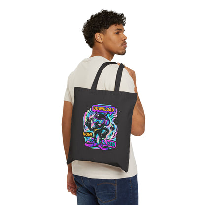 Retro Cyber Mascot Tote Bag — "Download Now! Yes!" Neon Gamer Canvas Tote