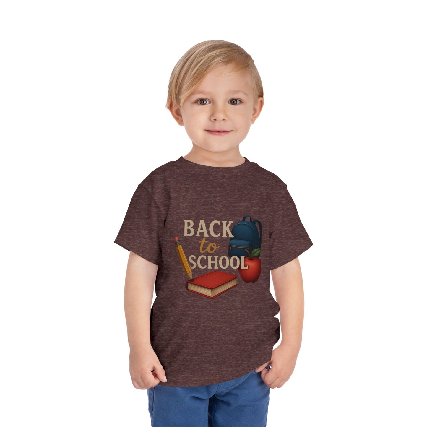 Toddler Tee Back to School Shirt with Backpack, Apple, Pencil, and Book Design