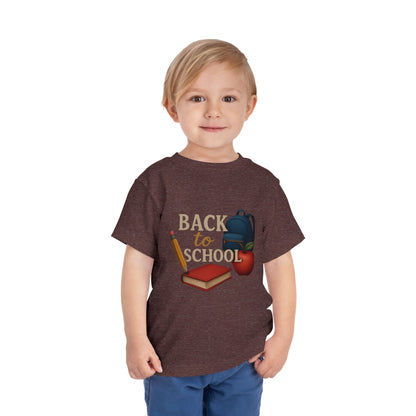 Toddler Tee Back to School Shirt with Backpack, Apple, Pencil, and Book Design