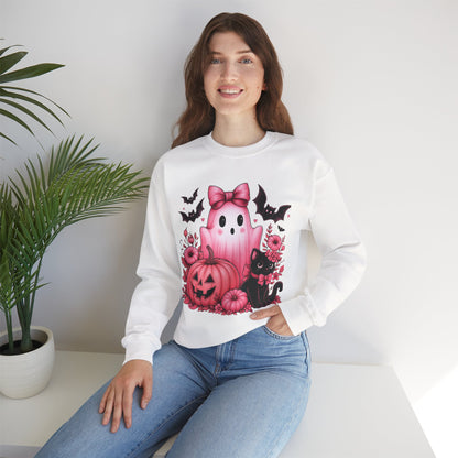 Pink Ghost & Pumpkin Halloween Crewneck Sweatshirt