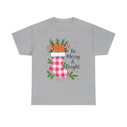 Pink Gingham Stocking Christmas Tee - Be Merry & Bright