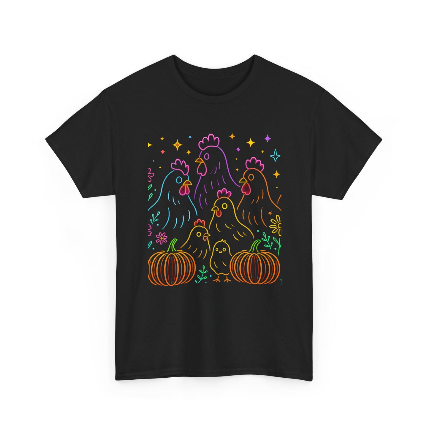 🌻 Autumn Chickens & Pumpkins Tee – Colorful Farm Harvest Shirt