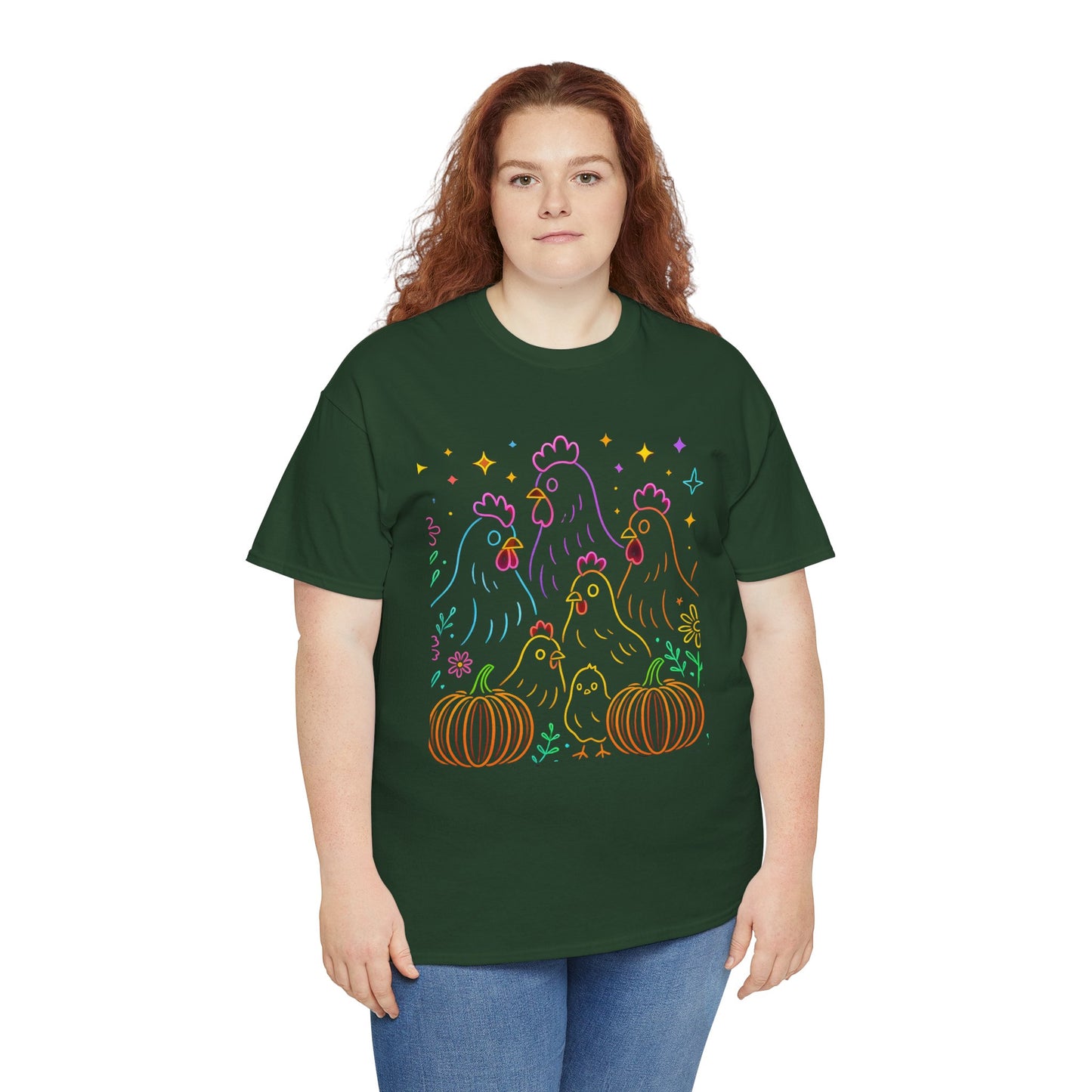 🌻 Autumn Chickens & Pumpkins Tee – Colorful Farm Harvest Shirt