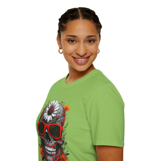Skull & Flower Graphic T-Shirt, Unisex Casual Tee, Edgy Fashion Wear, Festival Outfit, Gift for Halloween & Day of the Dead