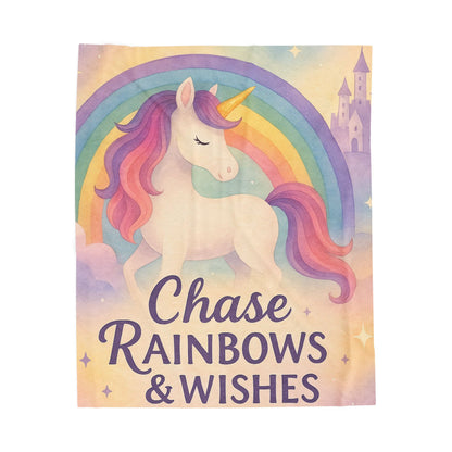 Unicorn Rainbow Plush Blanket, Cozy Kids Blanket, Soft Velveteen Throw, Magical Nursery Decor, Chase Rainbows & Wishes
