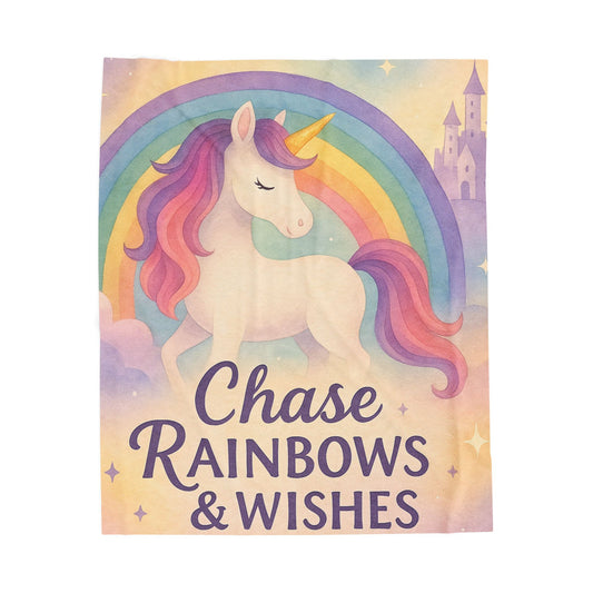 Unicorn Rainbow Plush Blanket, Cozy Kids Blanket, Soft Velveteen Throw, Magical Nursery Decor, Chase Rainbows & Wishes