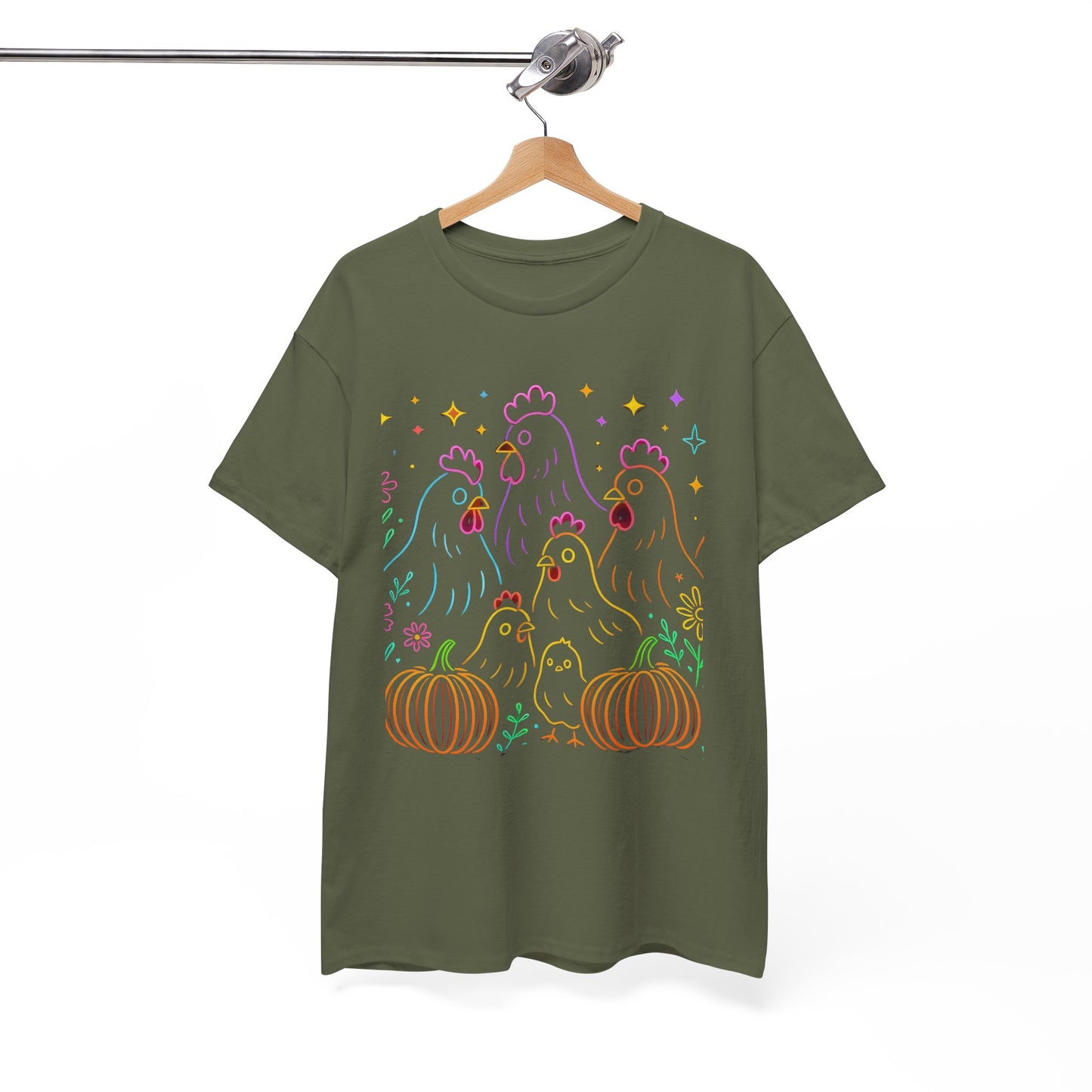 🌻 Autumn Chickens & Pumpkins Tee – Colorful Farm Harvest Shirt