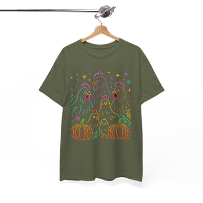 🌻 Autumn Chickens & Pumpkins Tee – Colorful Farm Harvest Shirt