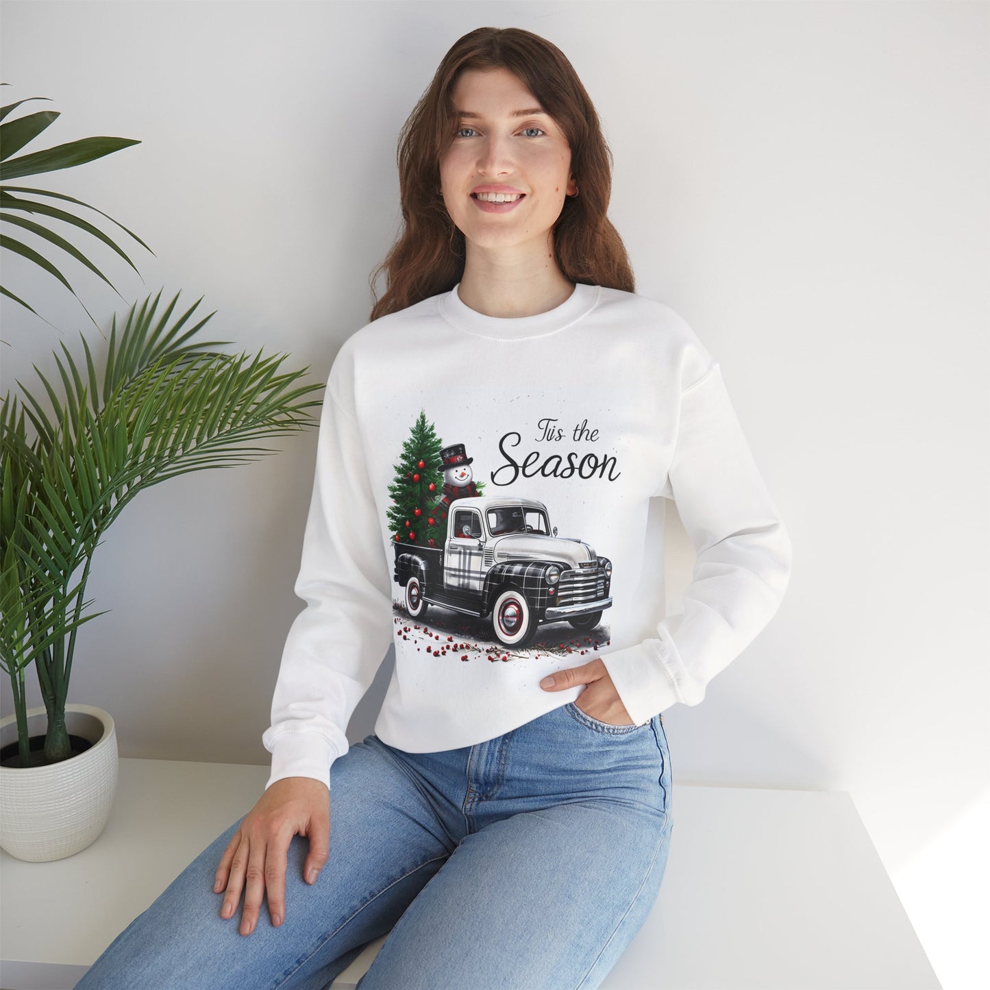 Black and White Plaid Christmas Pickup Truck Sweatshirt