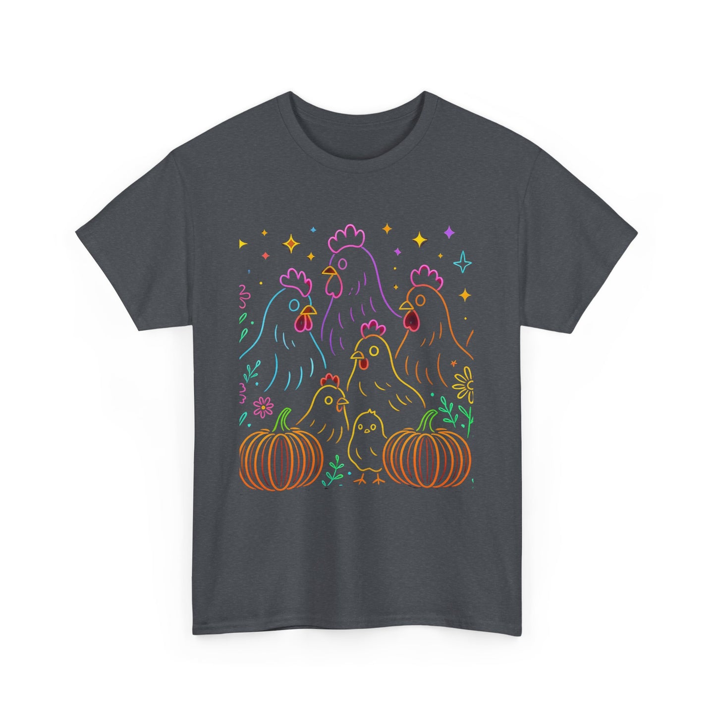🌻 Autumn Chickens & Pumpkins Tee – Colorful Farm Harvest Shirt