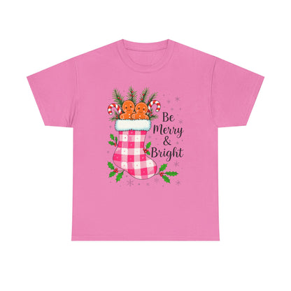 Pink Gingham Stocking Christmas Tee - Be Merry & Bright