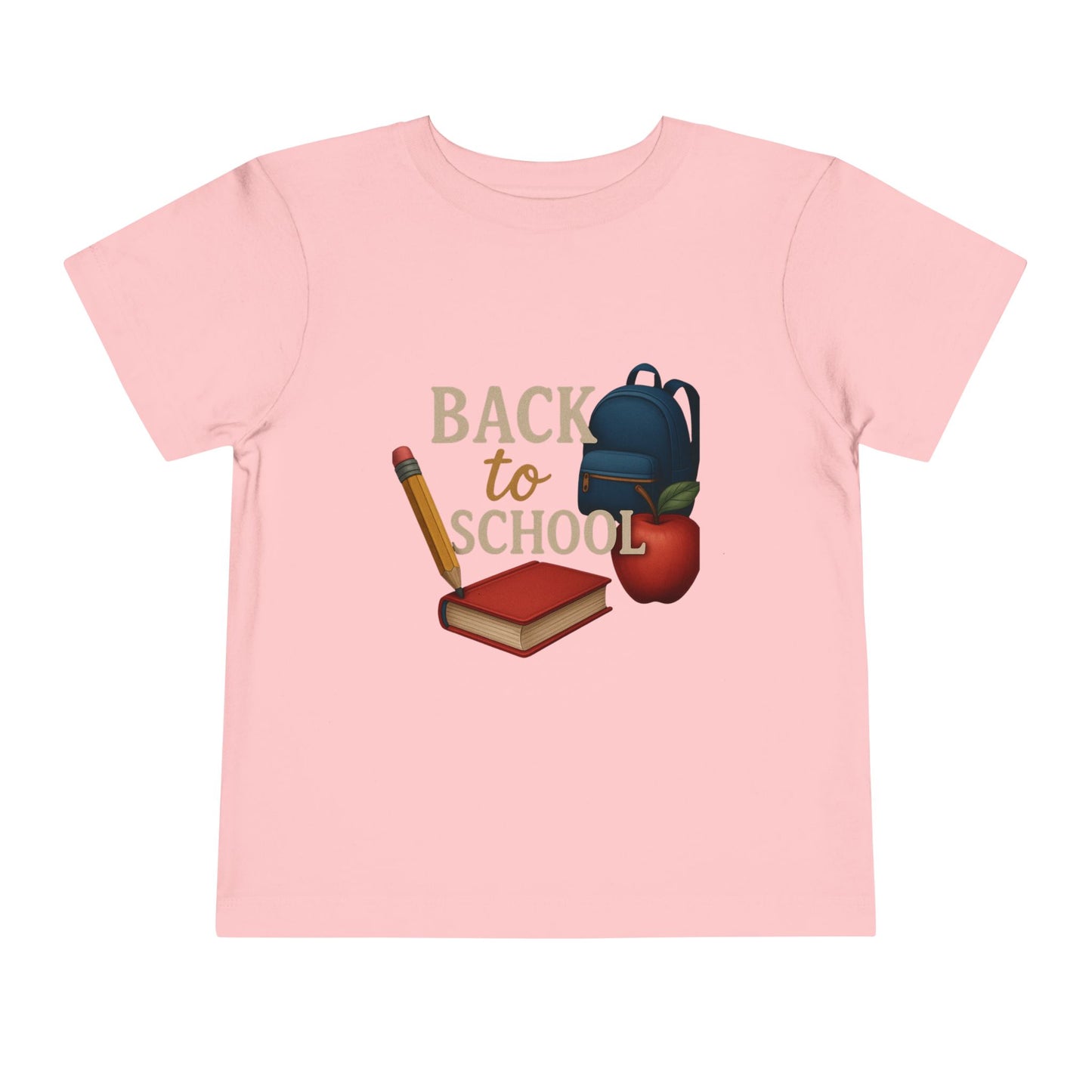 Toddler Tee Back to School Shirt with Backpack, Apple, Pencil, and Book Design