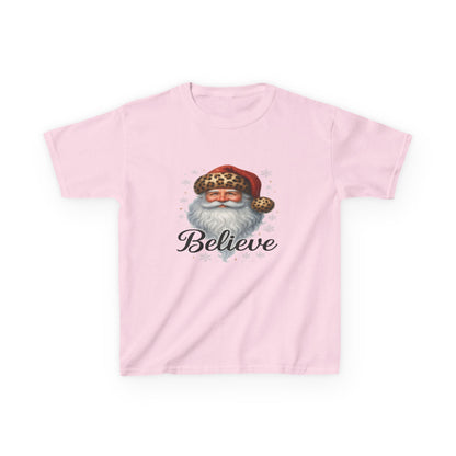 Leopard Print Santa 'Believe' Kids Christmas Tee