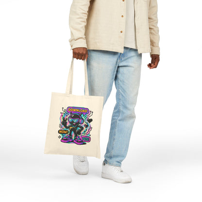 Retro Cyber Mascot Tote Bag — "Download Now! Yes!" Neon Gamer Canvas Tote