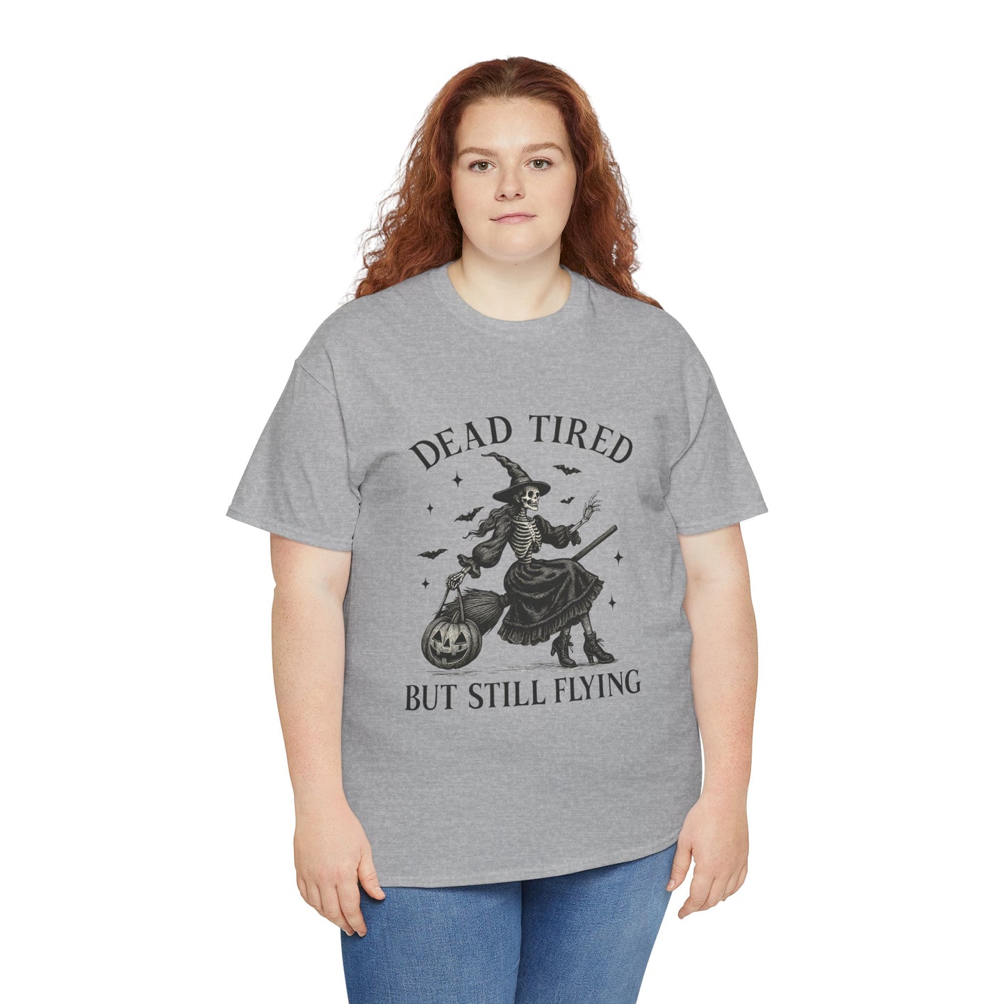 Dead Tired But Flying Skeleton Witch Halloween Tee