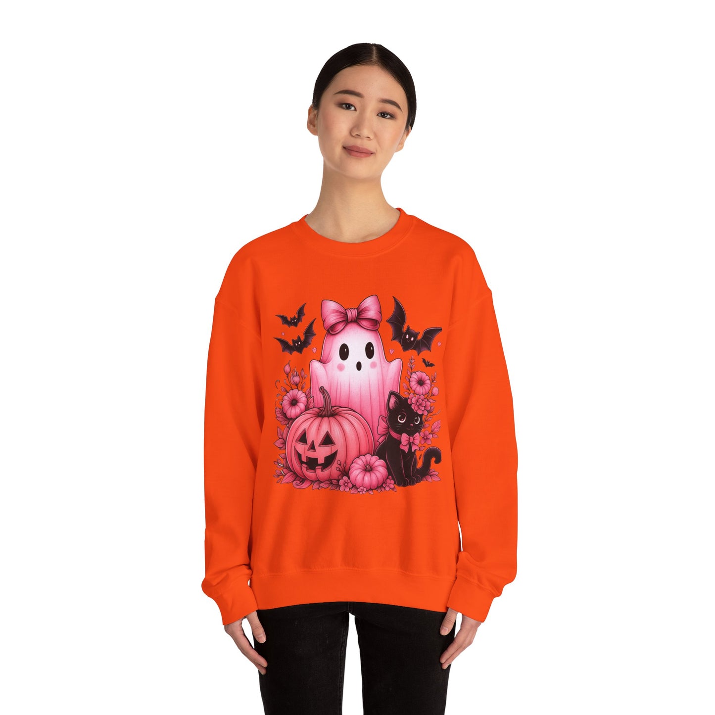 Pink Ghost & Pumpkin Halloween Crewneck Sweatshirt