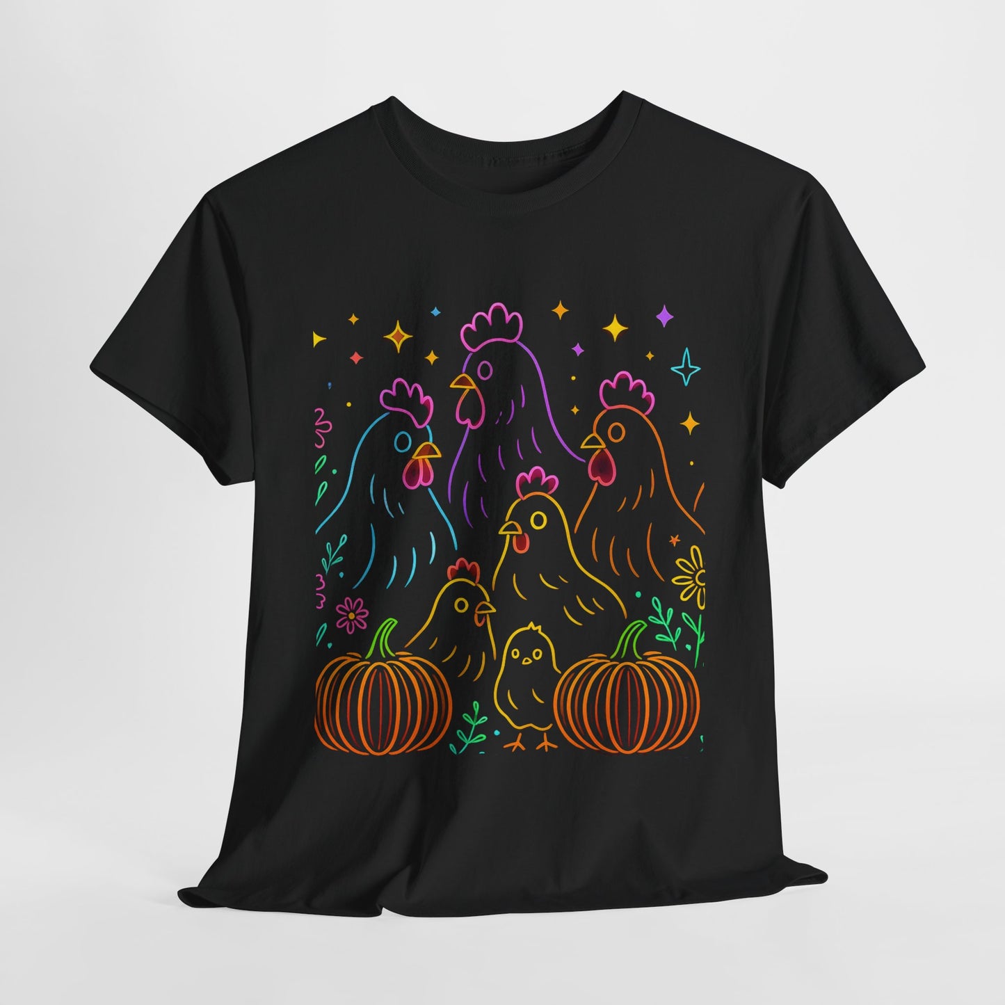 🌻 Autumn Chickens & Pumpkins Tee – Colorful Farm Harvest Shirt