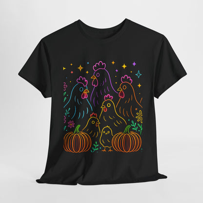 🌻 Autumn Chickens & Pumpkins Tee – Colorful Farm Harvest Shirt