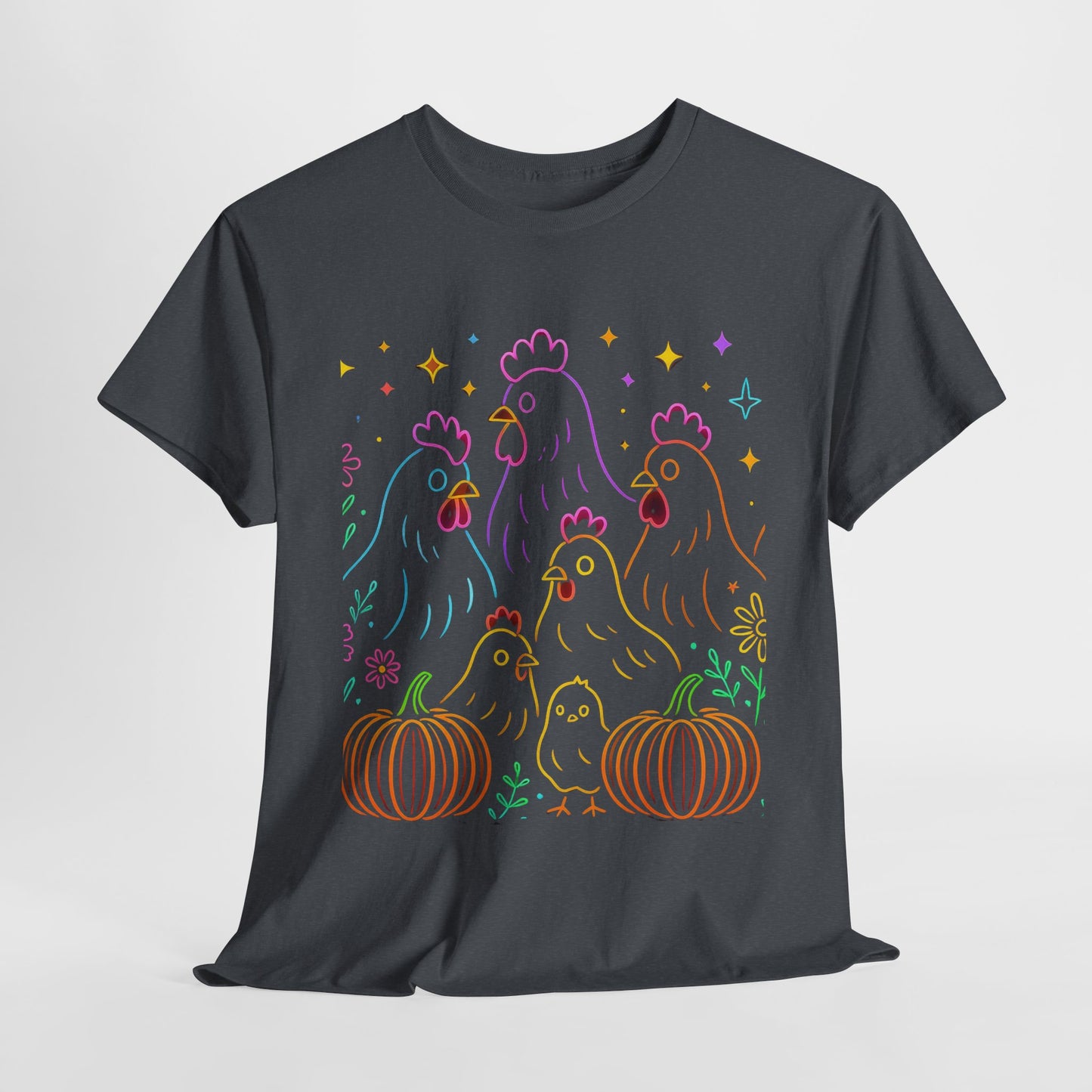 🌻 Autumn Chickens & Pumpkins Tee – Colorful Farm Harvest Shirt