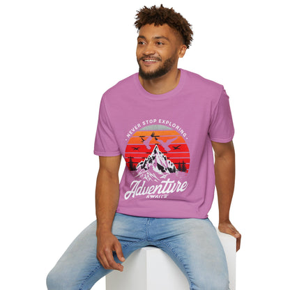 Adventure Awaits T-Shirt | Unisex Softstyle Tee | Perfect for Travel Lovers, Outdoor Adventures, Camping, Nature Gifts, Explore