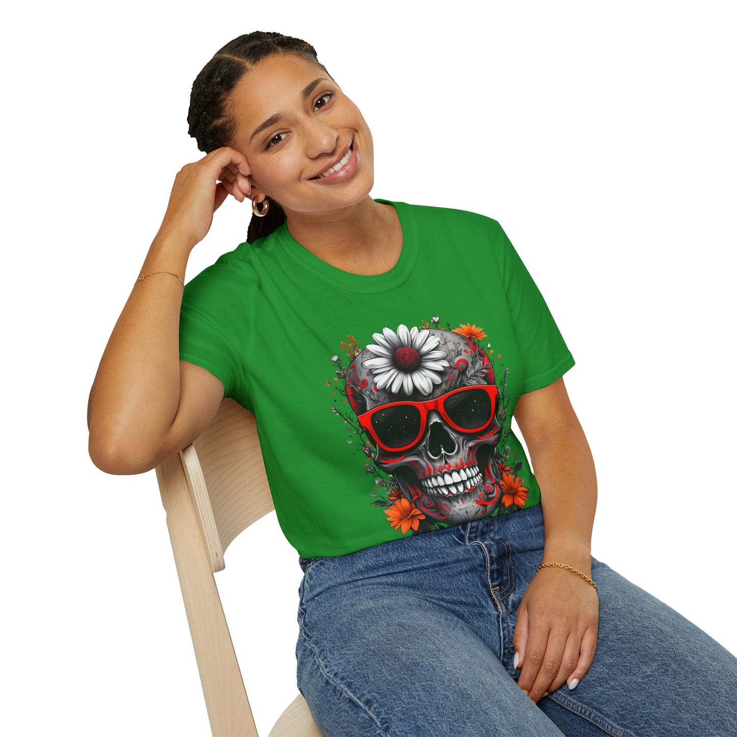 Skull & Flower Graphic T-Shirt, Unisex Casual Tee, Edgy Fashion Wear, Festival Outfit, Gift for Halloween & Day of the Dead
