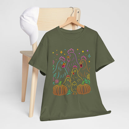 🌻 Autumn Chickens & Pumpkins Tee – Colorful Farm Harvest Shirt