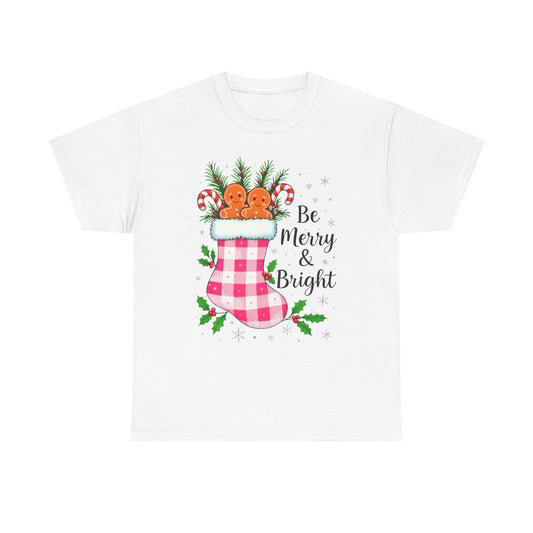 Pink Gingham Stocking Christmas Tee - Be Merry & Bright