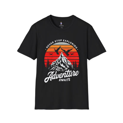 Adventure Awaits T-Shirt | Unisex Softstyle Tee | Perfect for Travel Lovers, Outdoor Adventures, Camping, Nature Gifts, Explore
