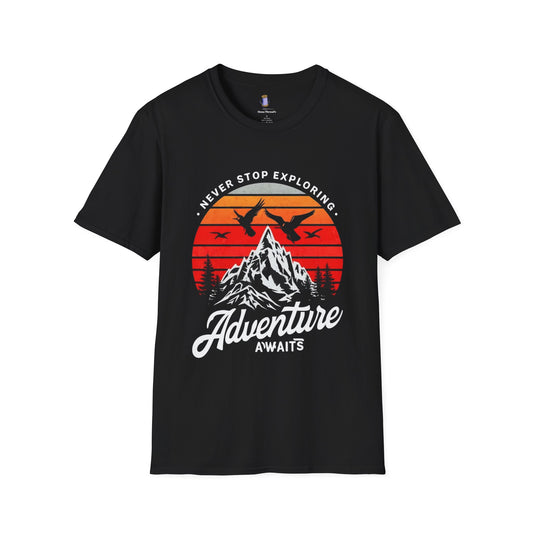 Adventure Awaits T-Shirt | Unisex Softstyle Tee | Perfect for Travel Lovers, Outdoor Adventures, Camping, Nature Gifts, Explore