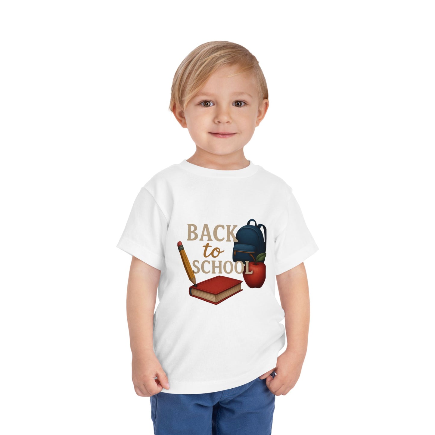 Toddler Tee Back to School Shirt with Backpack, Apple, Pencil, and Book Design