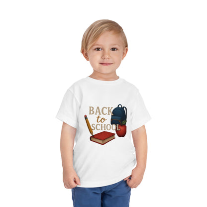 Toddler Tee Back to School Shirt with Backpack, Apple, Pencil, and Book Design
