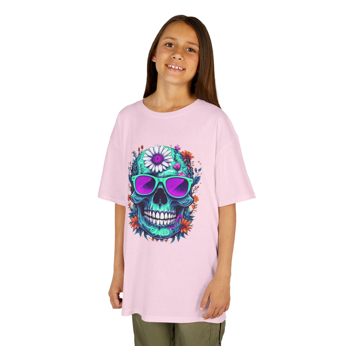 Vibrant Skull Youth Tee, Colorful T-Shirt for Festivals, Birthday Gift, Summer Wear, Unique Graphic Tee