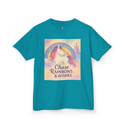 Chase Rainbows & Wishes Unicorn Kids Tee, Magical T-Shirt, Birthday Gift for Kids, Unicorn Lover Apparel, Playful Cotton Tee