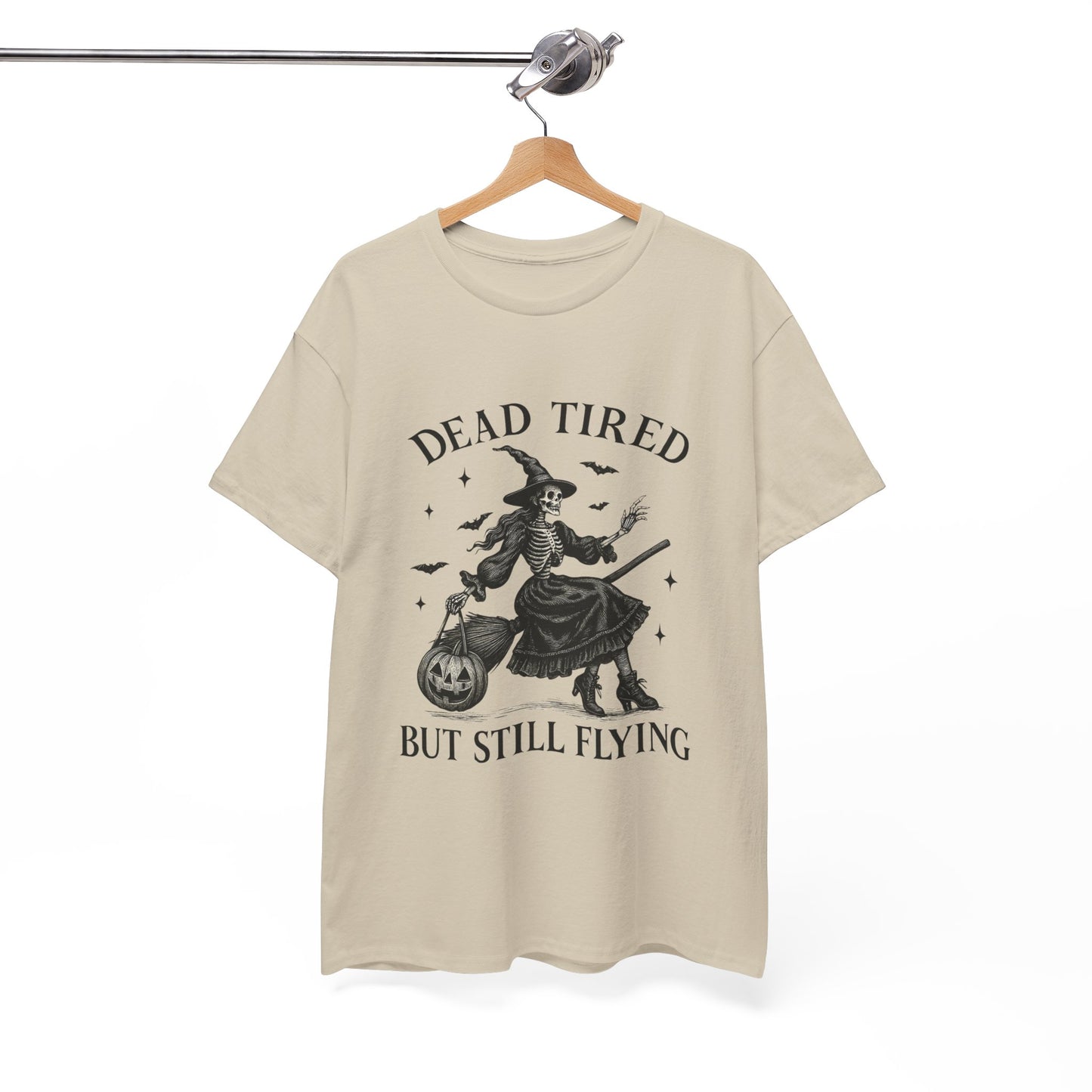 Dead Tired But Flying Skeleton Witch Halloween Tee