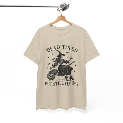 Dead Tired But Flying Skeleton Witch Halloween Tee