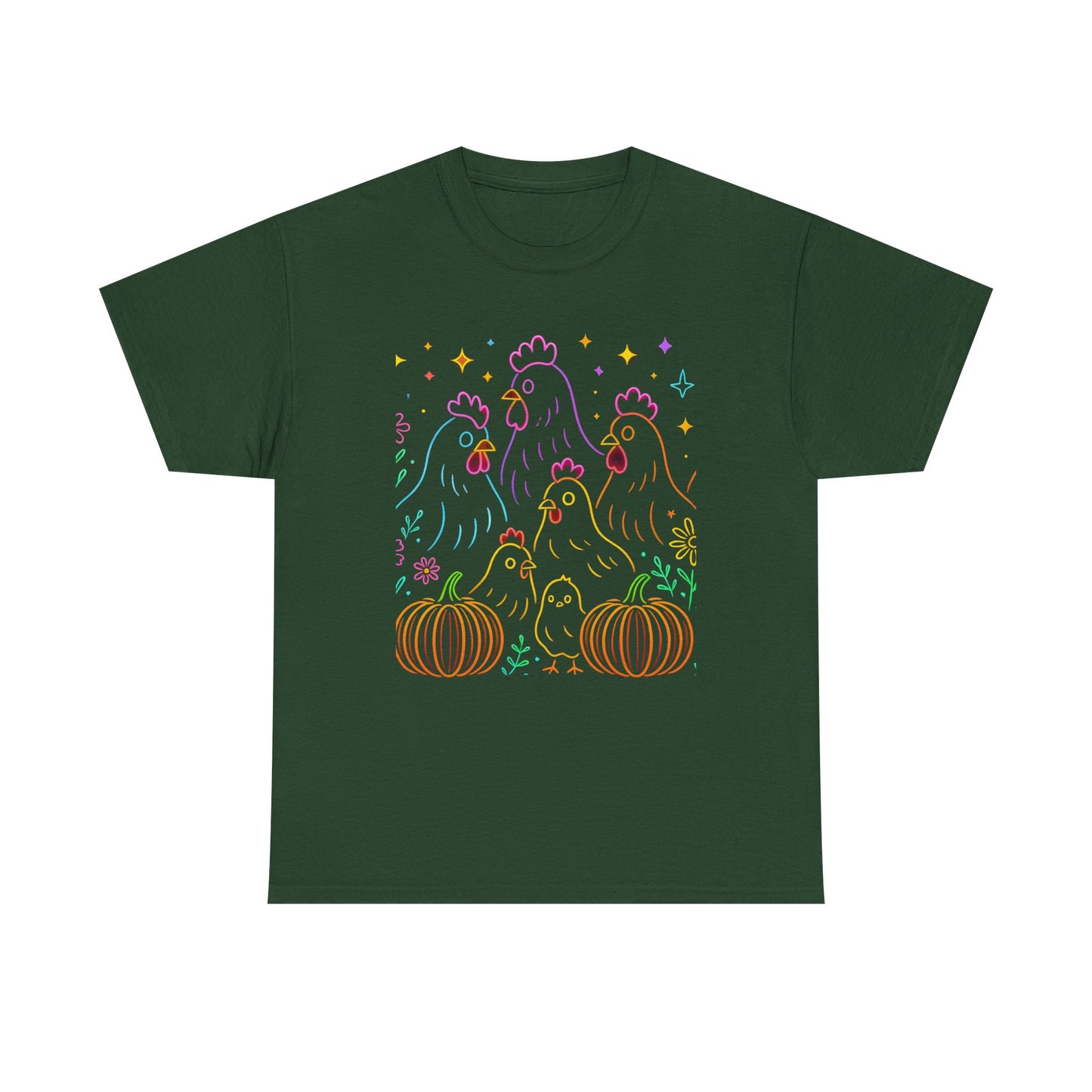 🌻 Autumn Chickens & Pumpkins Tee – Colorful Farm Harvest Shirt