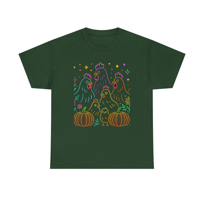 🌻 Autumn Chickens & Pumpkins Tee – Colorful Farm Harvest Shirt