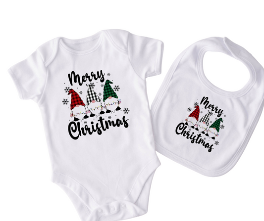 Plaid Gnome Merry Christmas Onesie and Bib Set