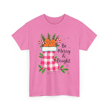 Pink Gingham Stocking Christmas Tee - Be Merry & Bright