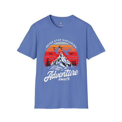 Adventure Awaits T-Shirt | Unisex Softstyle Tee | Perfect for Travel Lovers, Outdoor Adventures, Camping, Nature Gifts, Explore