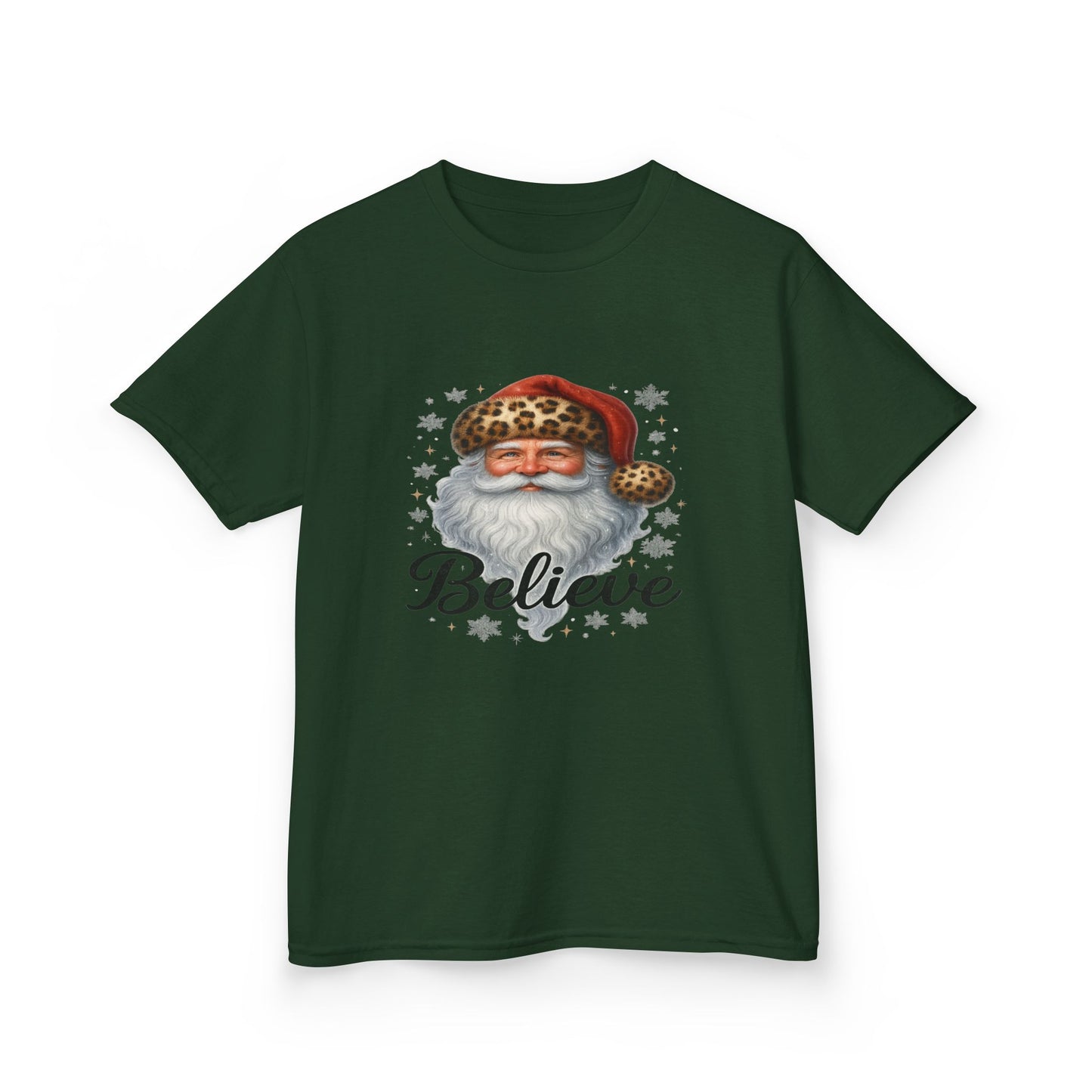 Leopard Print Santa 'Believe' Kids Christmas Tee