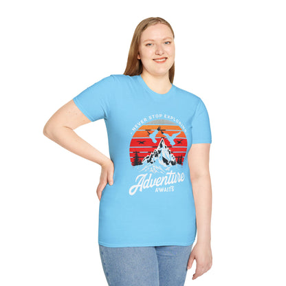 Adventure Awaits T-Shirt | Unisex Softstyle Tee | Perfect for Travel Lovers, Outdoor Adventures, Camping, Nature Gifts, Explore