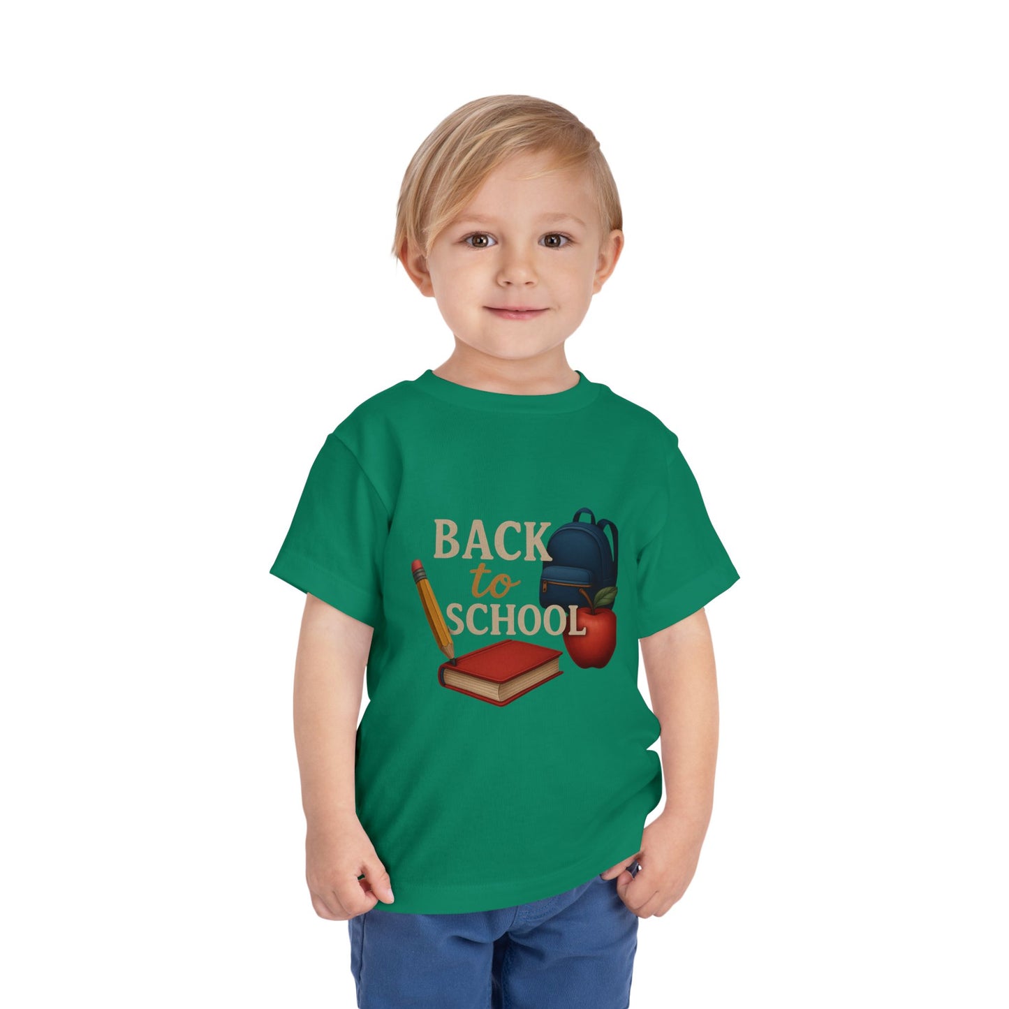 Toddler Tee Back to School Shirt with Backpack, Apple, Pencil, and Book Design