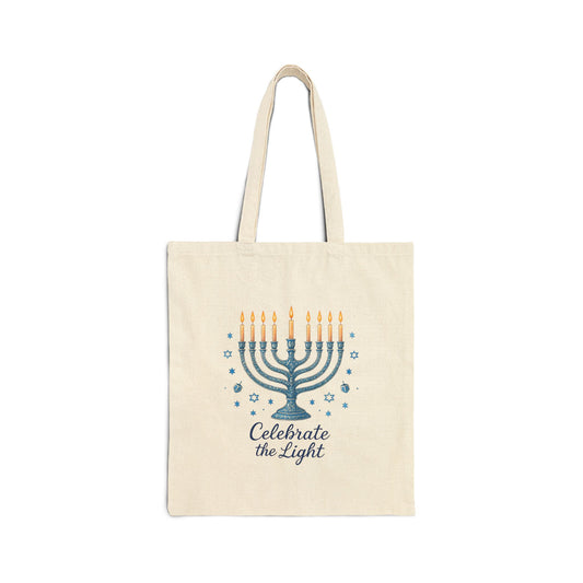Hanukkah Menorah Tote Bag – "Celebrate the Light" Cotton Canvas Shopper